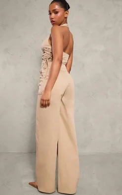 Stone Woven Halter Zip Detail Lace Up Jumpsuit