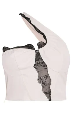 Stone Woven Lace Trim One Shoulder Asymmetric Hem Corset