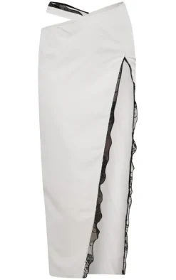 Stone Woven Lace Trim Waist Cut Out Split Midaxi Skirt