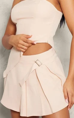 Stone Woven Pleated Buckle Front Micro Mini Skirt