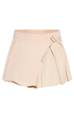 Stone Woven Pleated Buckle Front Micro Mini Skirt