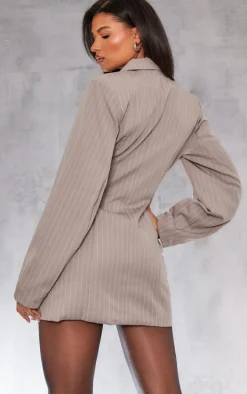 Stone Woven Stripe Pocket Long Sleeve Blazer Dress