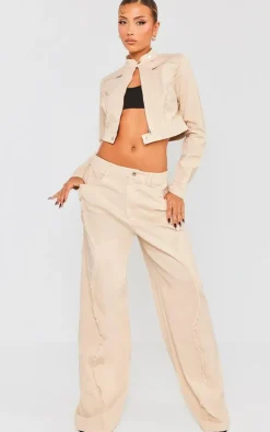 Stone Woven Twill Raw Edge Seam Detail Cropped Jacket