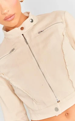 Stone Woven Twill Raw Edge Seam Detail Cropped Jacket