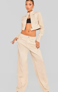 Stone Woven Twill Raw Edge Seam Detail Straight Leg Pants