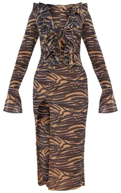 Stone Zebra Print Chiffon Frill Detail Midi Dress