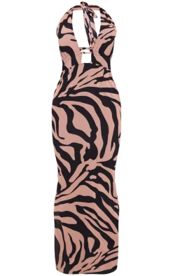 Stone Zebra Printed Chiffon Halterneck Maxi Dress