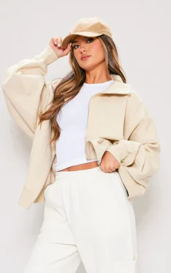 Stone Zip Up Neck Wide Pocket Detail Panel Sweatshirt