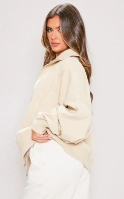 Stone Zip Up Neck Wide Pocket Detail Panel Sweatshirt