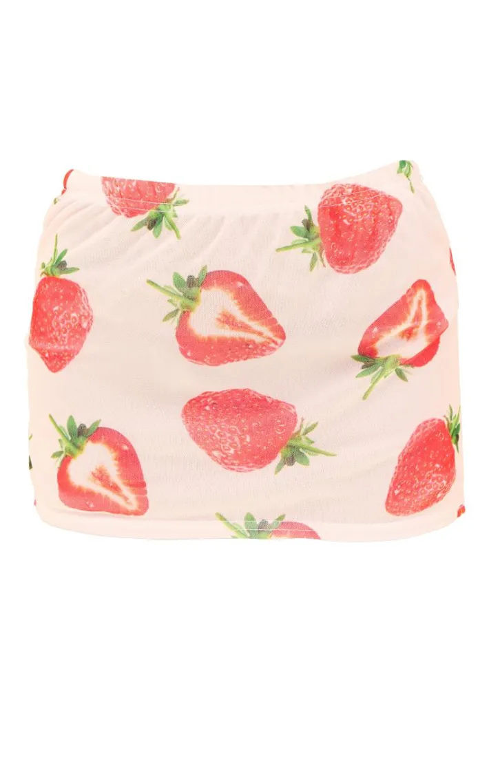 Strawberry Printed Lined Mesh Mini Skirt