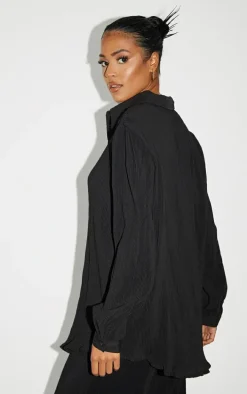 Tall Black Plisse Oversized Cuff Detail Shirt