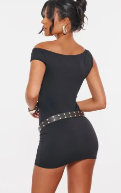 Tall Black Boat Neck Slinky Mini Dress