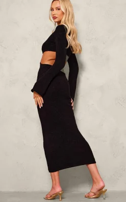 Tall Black Bobble Knit Long Sleeve Cut Out Midaxi Dress