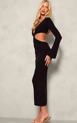 Tall Black Bobble Knit Long Sleeve Cut Out Midaxi Dress