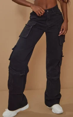 Tall Black Cargo Pocket Detail Mid Rise Wide Leg Jeans