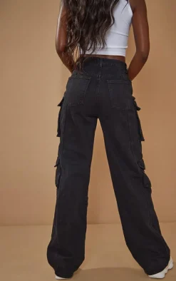 Tall Black Cargo Pocket Detail Mid Rise Wide Leg Jeans