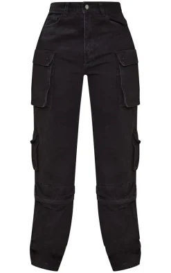 Tall Black Cargo Pocket Detail Mid Rise Wide Leg Jeans