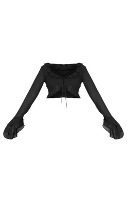 Tall Black Chiffon Frill Detail Tie Crop Top