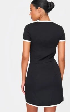 Tall Black Contrast Trim Pearl Button Up Mini Dress