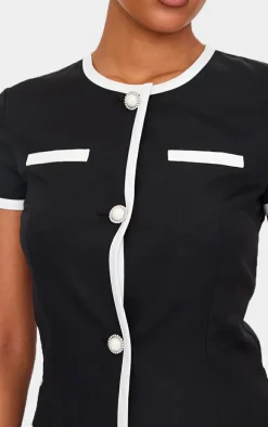 Tall Black Contrast Trim Pearl Button Up Mini Dress