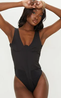 Tall Black Corset Detail Woven Bodysuit
