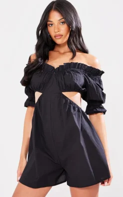 Tall Black Cotton Bardot Cut Out Romper