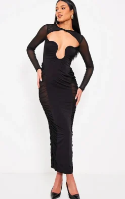 Tall Black Cut Out Detail Mesh Ruched Midaxi Dress