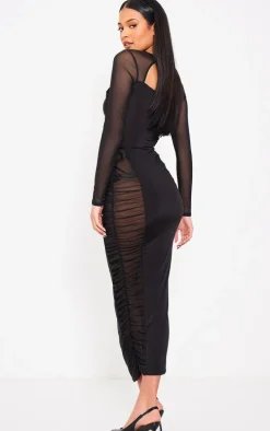 Tall Black Cut Out Detail Mesh Ruched Midaxi Dress