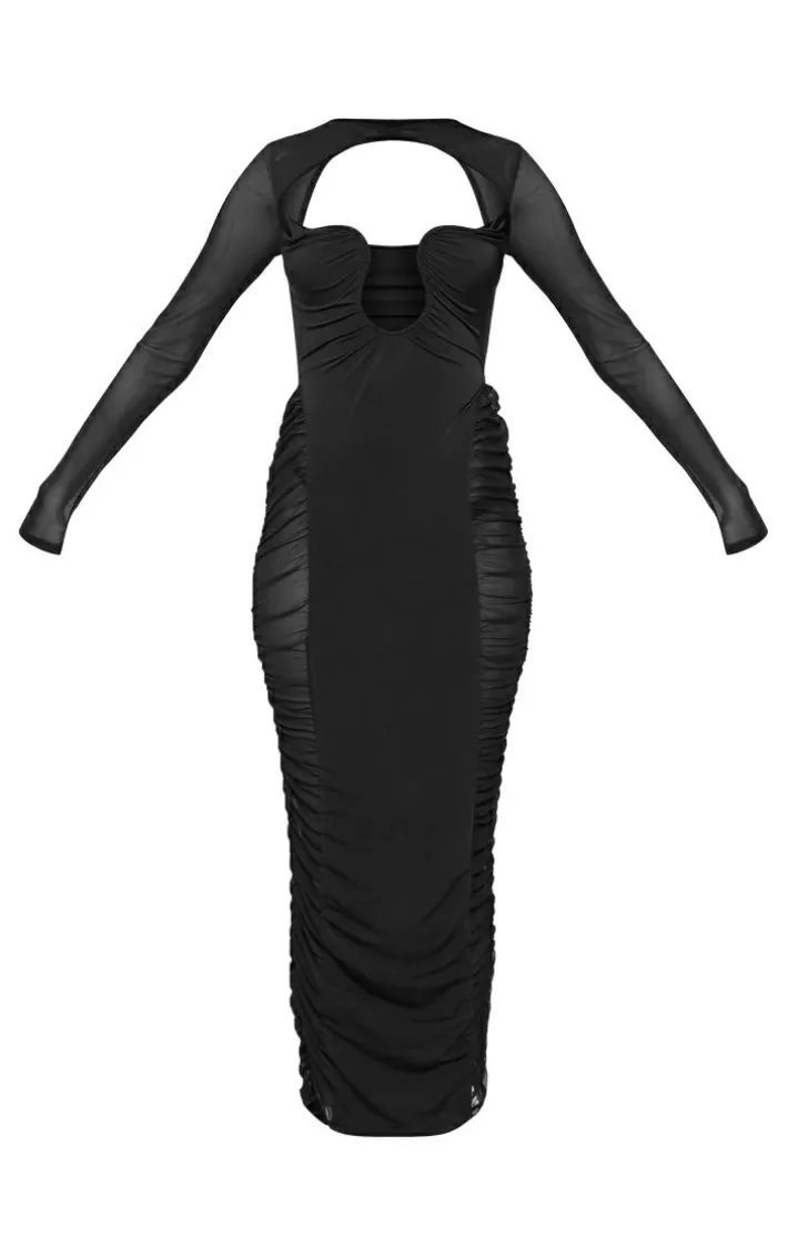 Tall Black Cut Out Detail Mesh Ruched Midaxi Dress