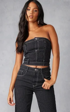Tall Black Denim Pinstripe Corset Top