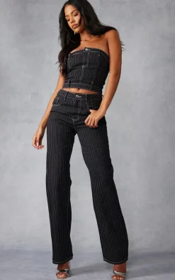 Tall Black Denim Pinstripe Corset Top