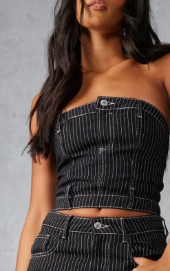 Tall Black Denim Pinstripe Corset Top