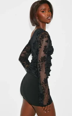 Tall Black Devore Long Sleeve Ruched Top