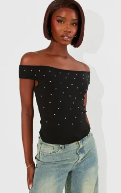 Tall Black Diamante Detail Slash Neck Top