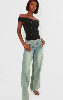 Tall Black Diamante Detail Slash Neck Top