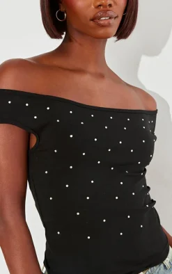 Tall Black Diamante Detail Slash Neck Top