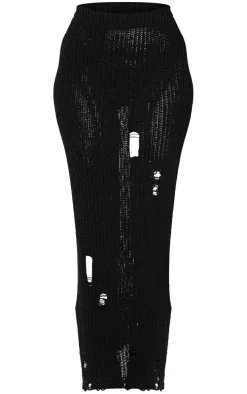 Tall Black Distressed Knitted Midaxi Skirt