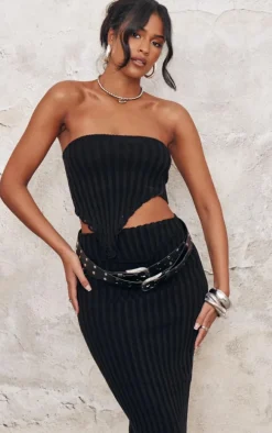 Tall Black Distressed Knit Bandeau Top