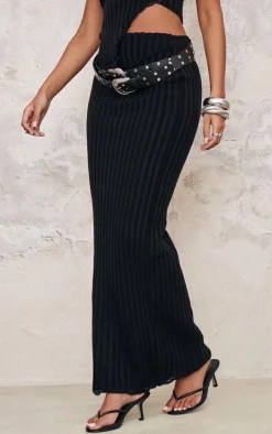 Tall Black Distressed Knit Maxi Skirt