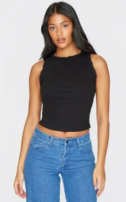 Tall Black Distressed Racer Neck Crop Top