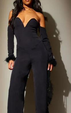 Tall Black Faux Feather Cuff Jumpsuit