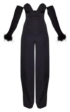 Tall Black Faux Feather Cuff Jumpsuit