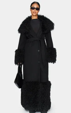 Tall Black Faux Fur Trim Contrast Wool Look Coat