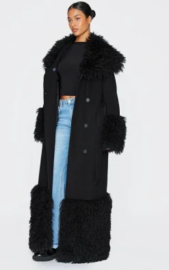 Tall Black Faux Fur Trim Contrast Wool Look Coat