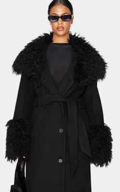 Tall Black Faux Fur Trim Contrast Wool Look Coat