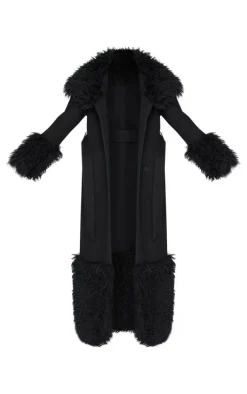 Tall Black Faux Fur Trim Contrast Wool Look Coat