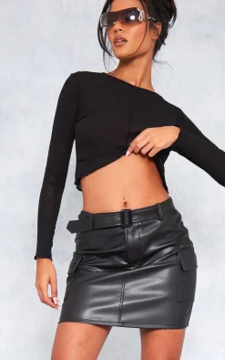Tall Black Faux Leather Belted Micro Mini Skirt