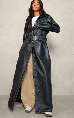 Tall Black Faux Leather Contrast Stitch Split Hem Trench Coat
