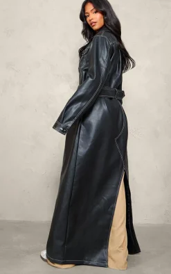 Tall Black Faux Leather Contrast Stitch Split Hem Trench Coat