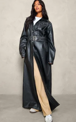 Tall Black Faux Leather Contrast Stitch Split Hem Trench Coat